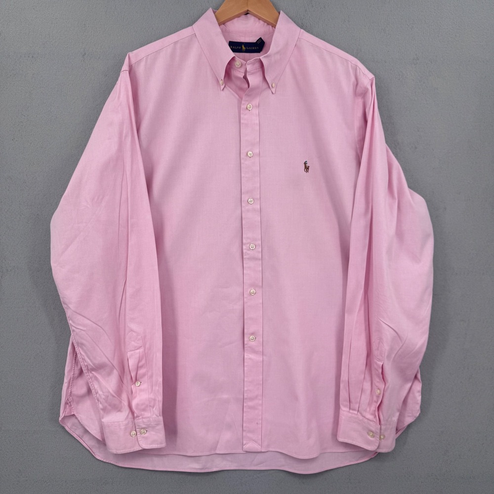 Ralph Lauren Poplin Shirt Men 18 36/37 Pink Long Sleeve Pony Preppy Classic